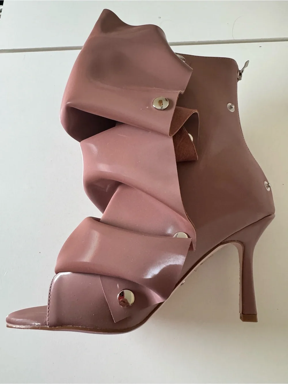 Ruffled Open-Toe Ankle Bootie in Dusty Rose